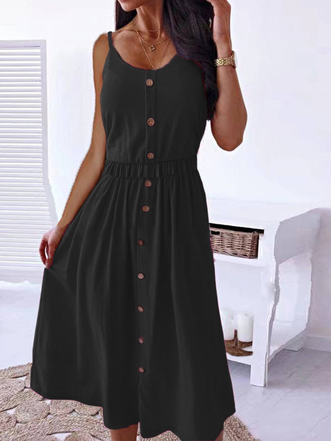 Black Shoulder Straps A-Line Party Solid Sleeveless Maxi Polyester Dress