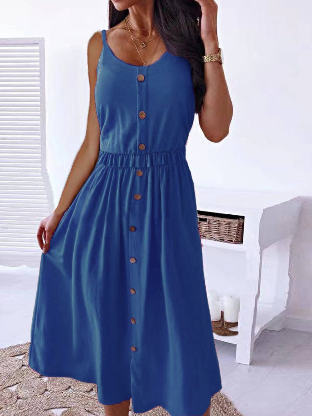 Blue Shoulder Straps A-Line Party Solid Sleeveless Maxi Polyester Dress