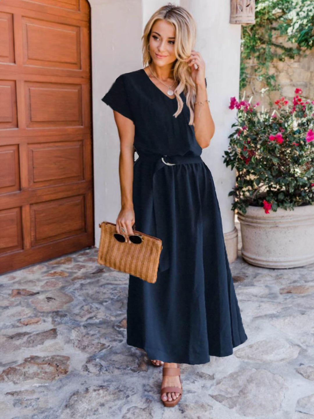 Black V-Neck A-Line Party Solid Short Sleeves Maxi Polyester Dress