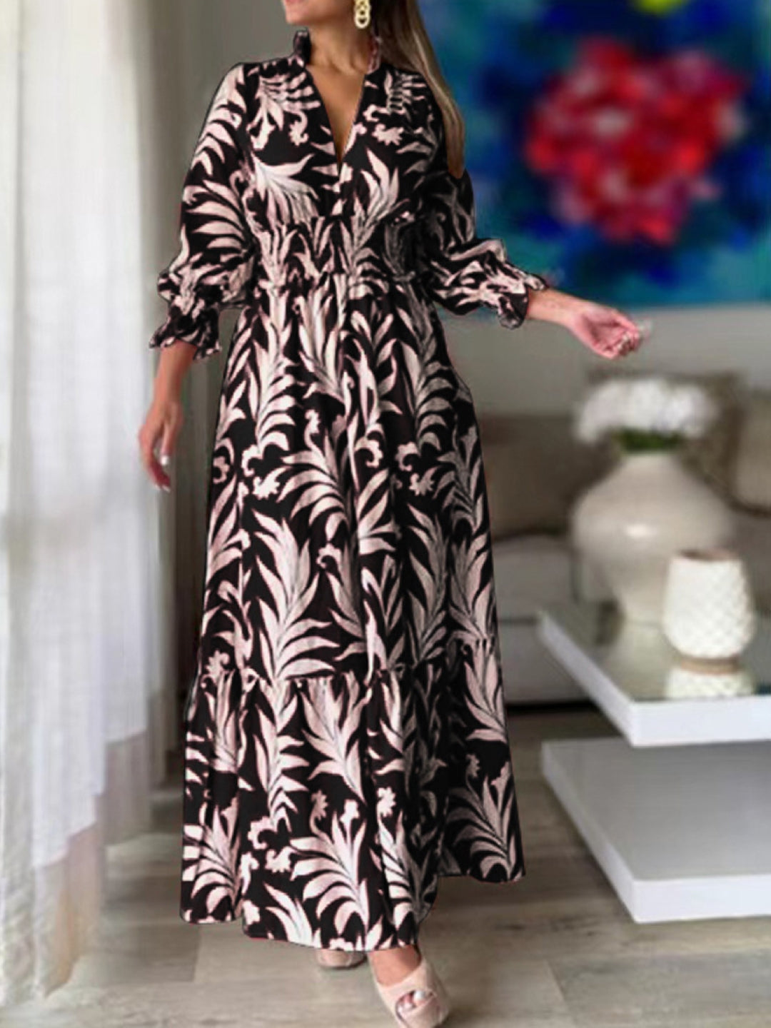 Black V-Neck A-Line Party Floral Three-Quarter Sleeves Maxi Polyester Dress