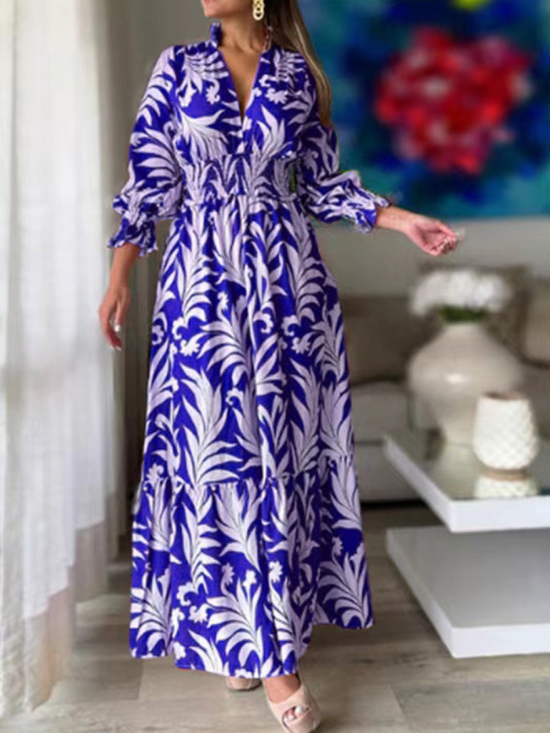 Blue V-Neck A-Line Party Floral Three-Quarter Sleeves Maxi Polyester Dress