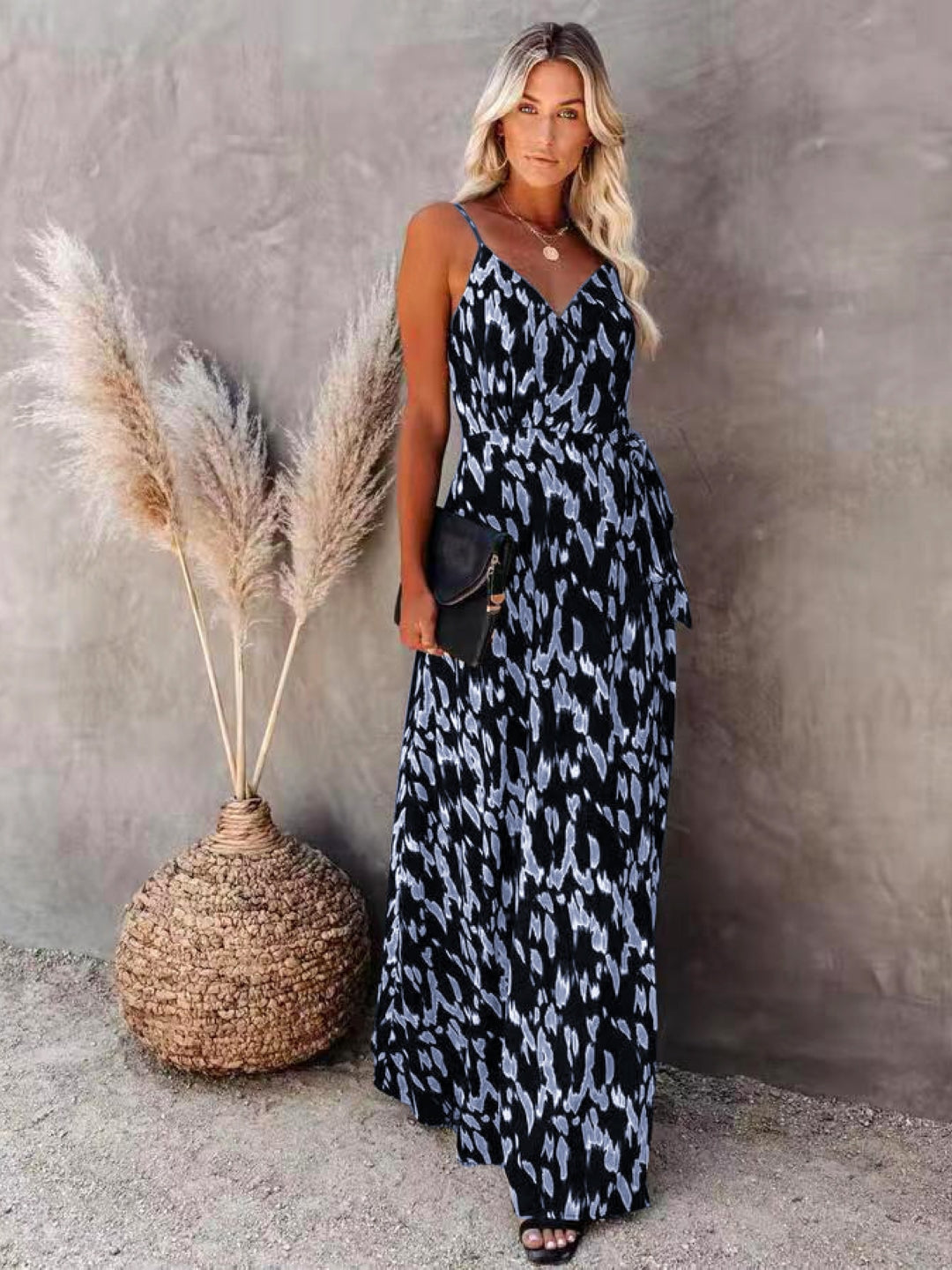 Blue V-Neck A-Line Party Abstract Sleeveless Maxi Polyester Dress