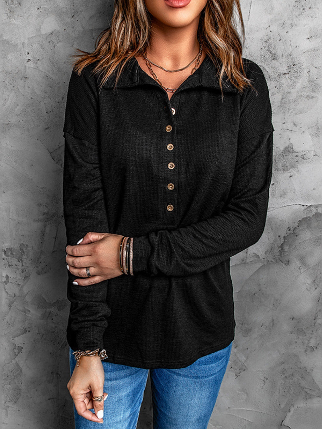 Black Shirt Collar Solid Long Sleeves Woven Polyester Tops