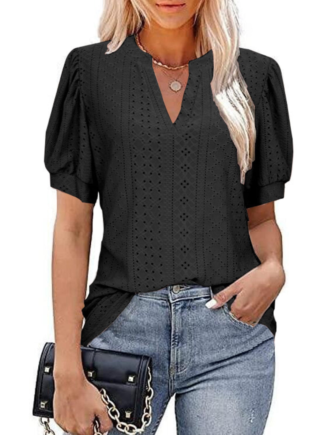 Black V-Neck Solid Short Sleeves Woven Polyester Tops