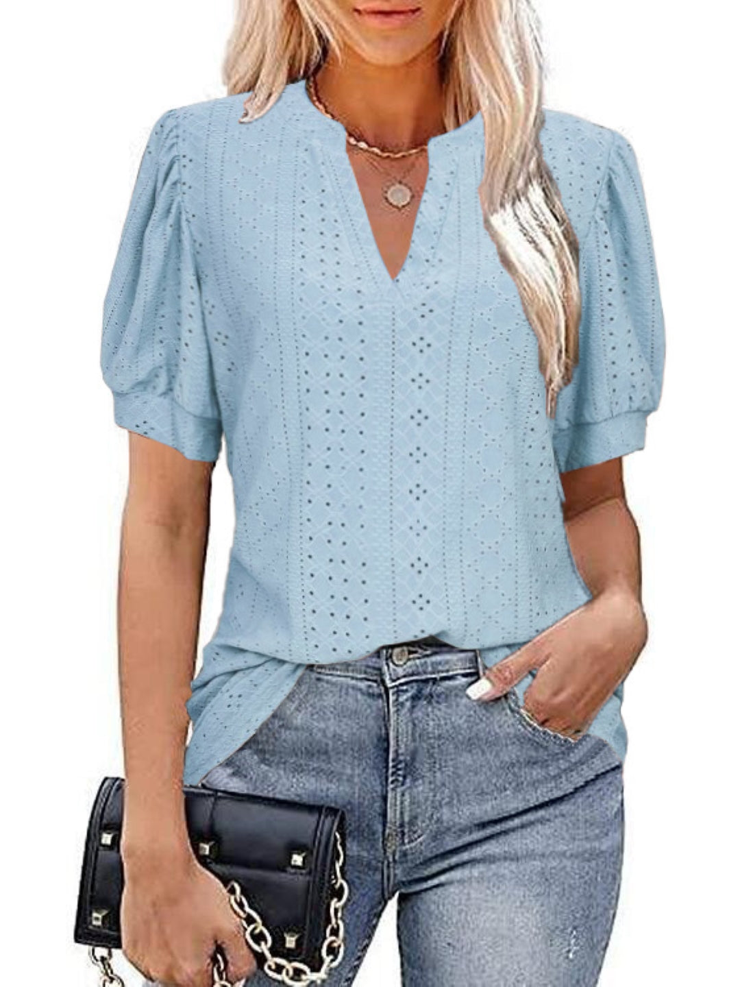 Blue V-Neck Solid Short Sleeves Woven Polyester Tops