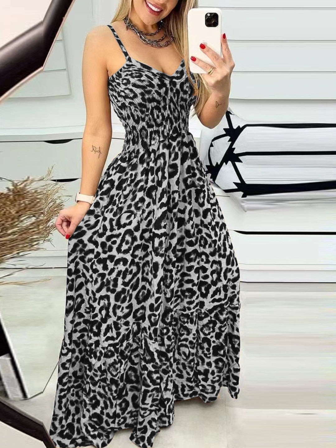 Black Shoulder Straps A-Line Party Animal Sleeveless Maxi Polyester Dress