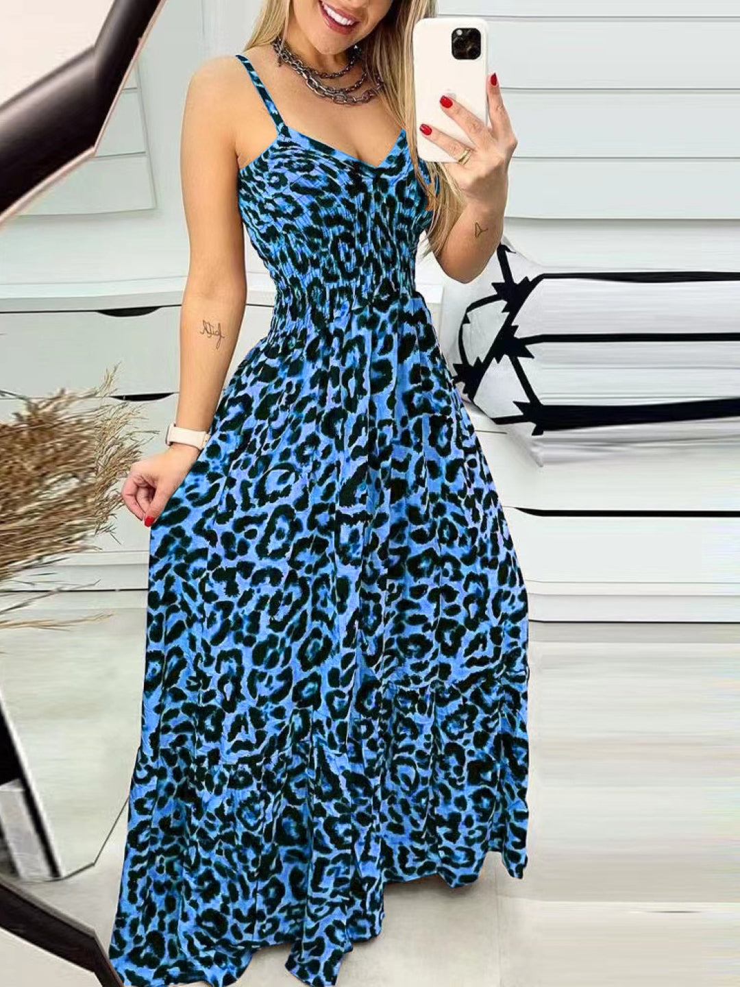 Blue Shoulder Straps A-Line Party Animal Sleeveless Maxi Polyester Dress