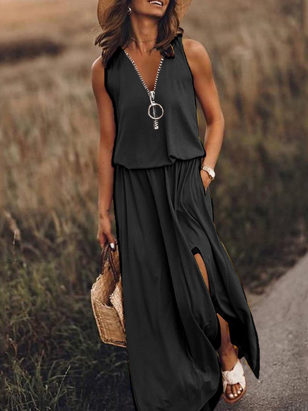 Black V-Neck A-Line Party Solid Sleeveless Maxi Polyester Dress