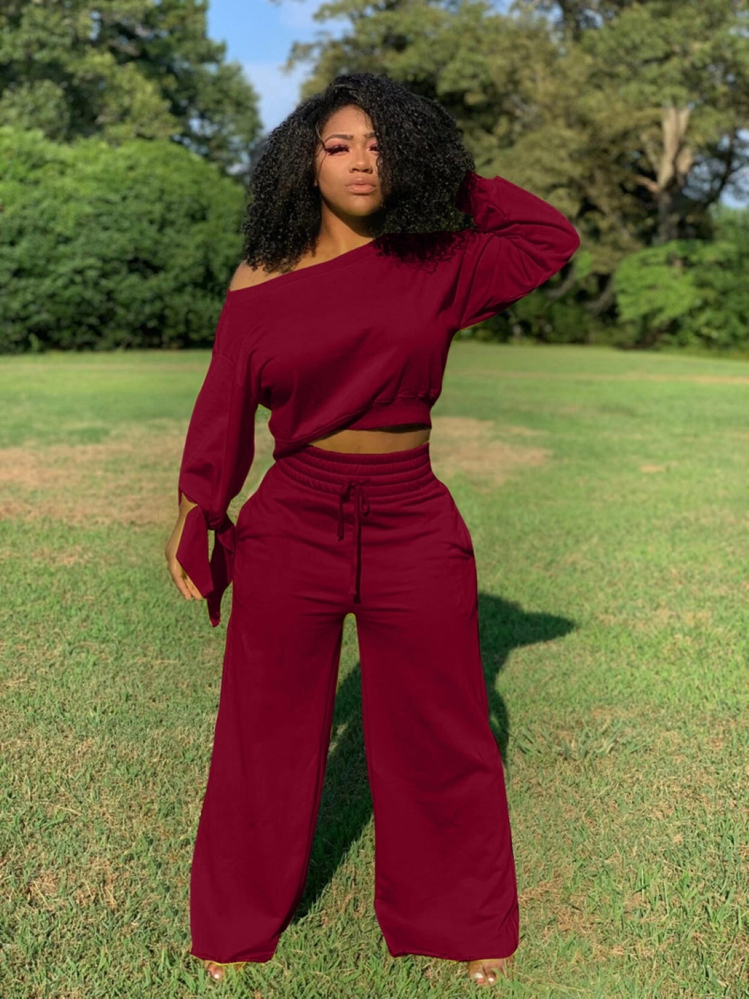 Burgundy One Shoulder Polyester Long Sleeves Solid Top & Trousers Set