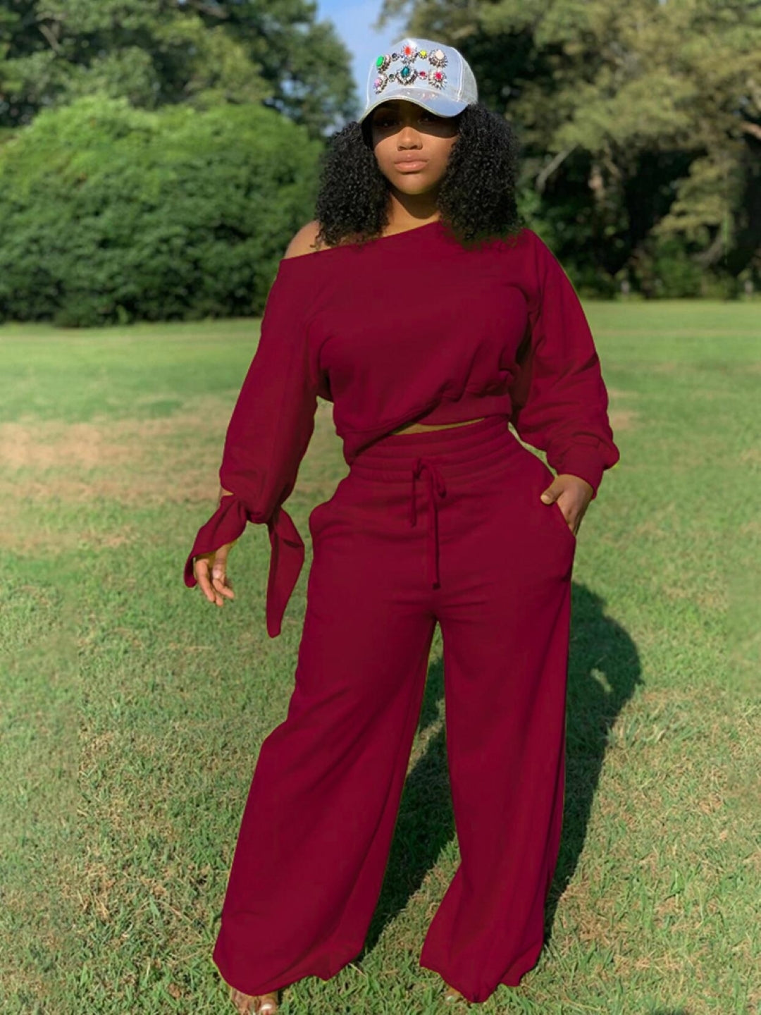 Burgundy One Shoulder Polyester Long Sleeves Solid Top & Trousers Set