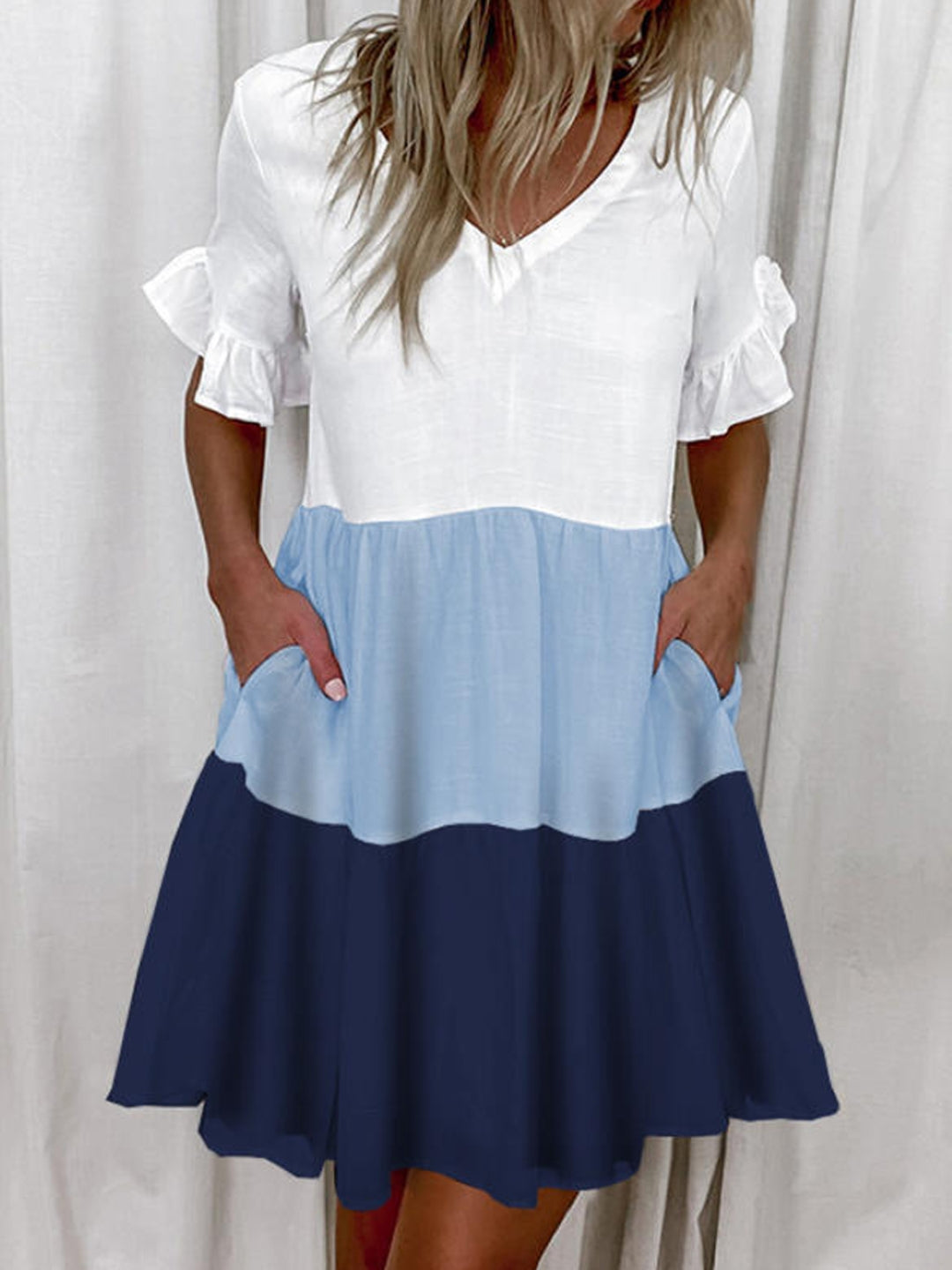 Blue V-Neck A-Line Colourblocked Short Sleeves Above Knee Polyester Dress