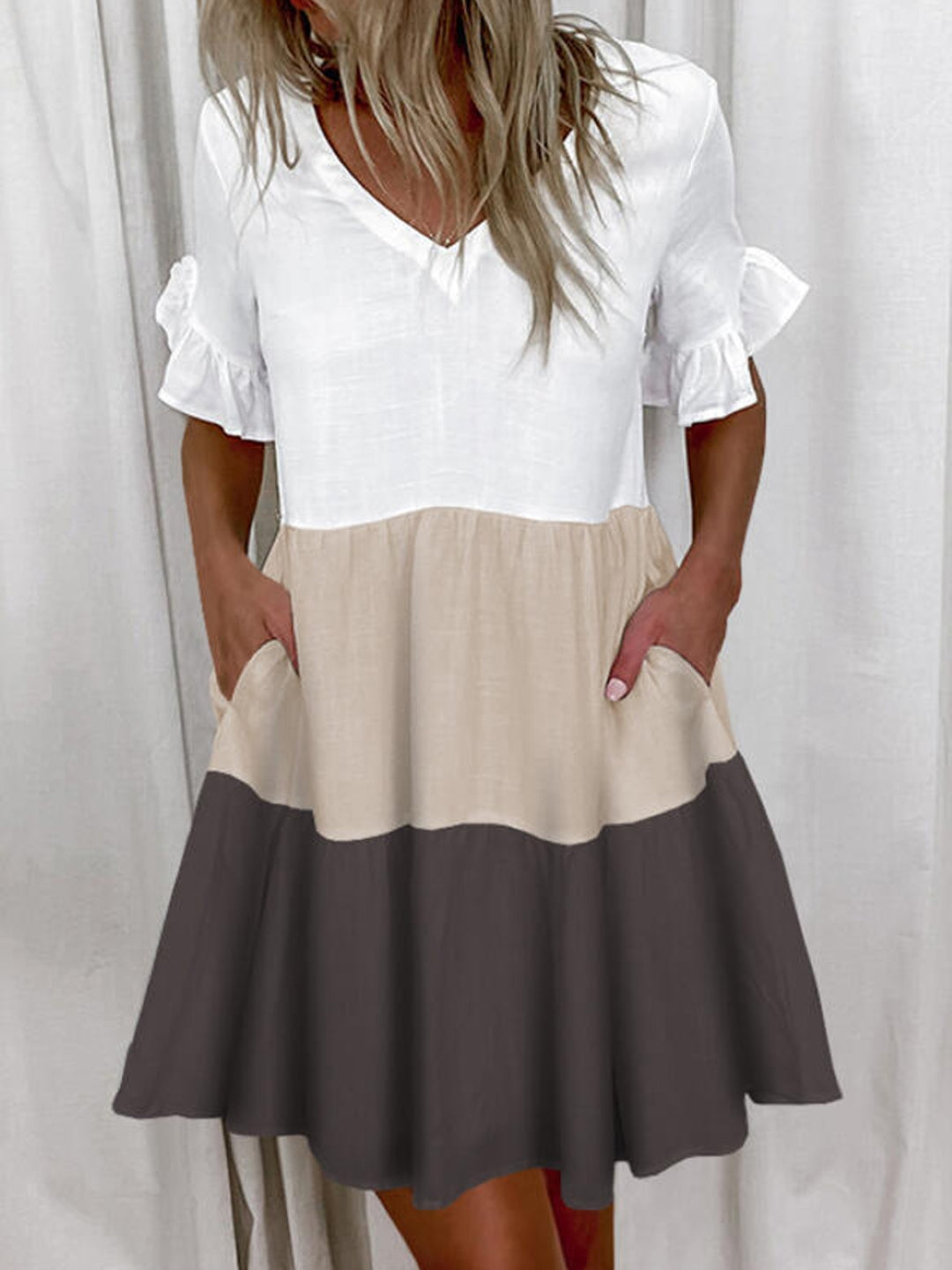 Khaki V-Neck A-Line Colourblocked Short Sleeves Above Knee Polyester Dress