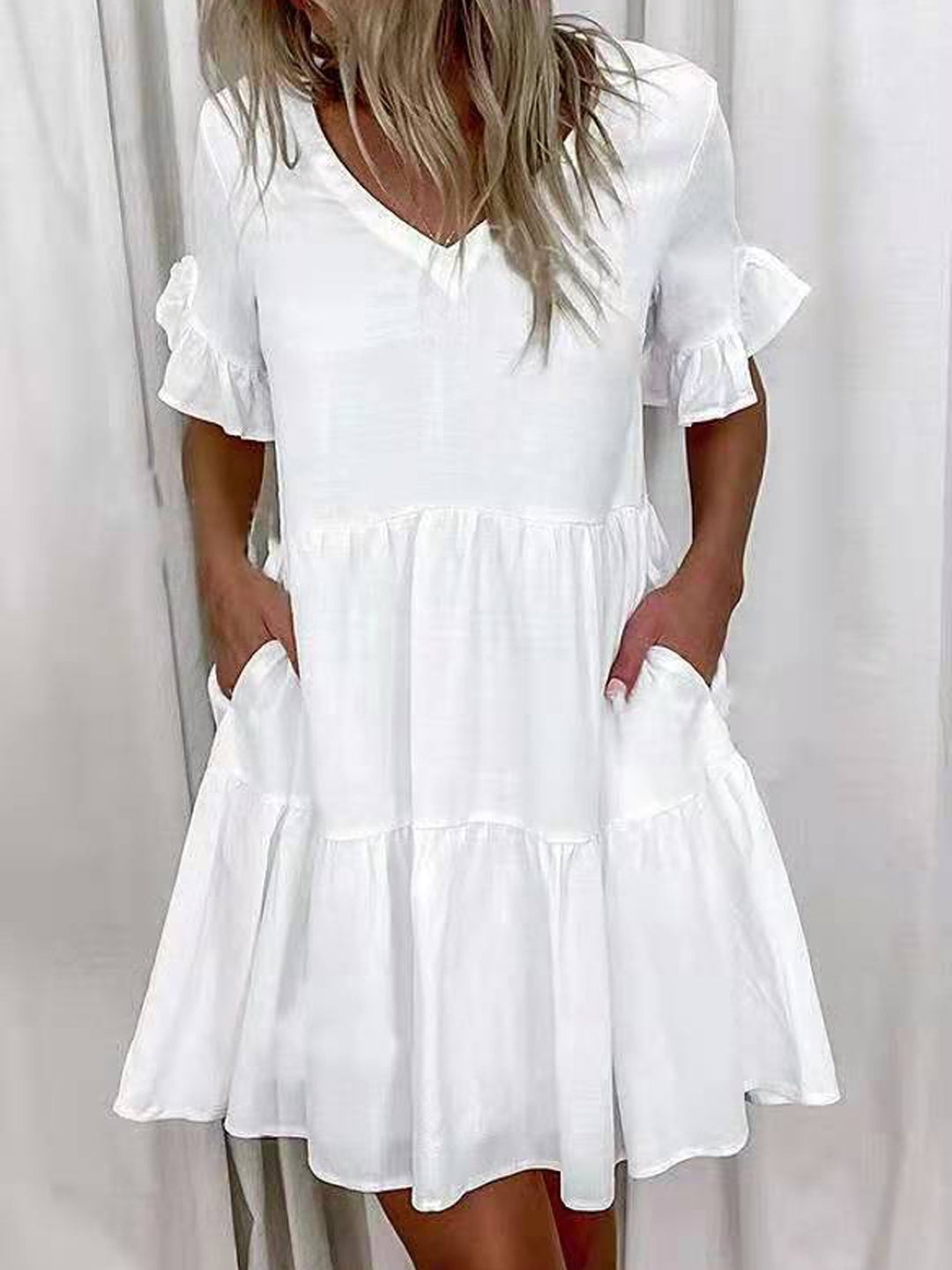 White V-Neck A-Line Colourblocked Short Sleeves Above Knee Polyester Dress