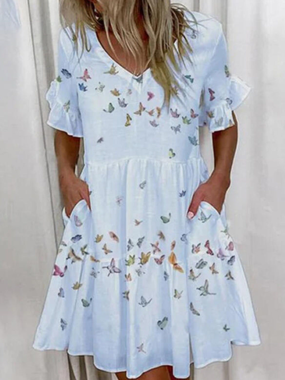 Multi V-Neck A-Line Floral Short Sleeves Above Knee Polyester Dress