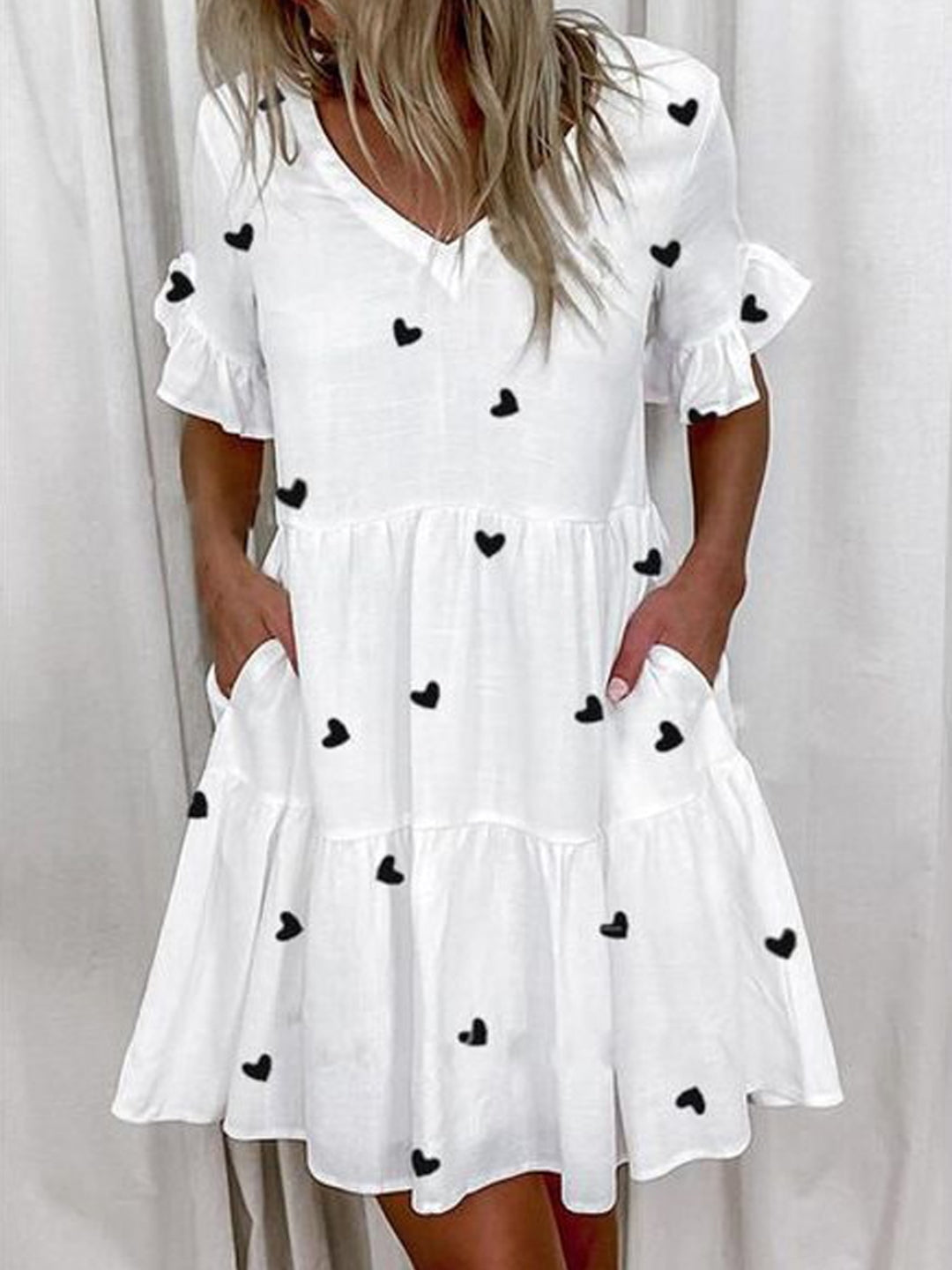 White Heart V-Neck A-Line Floral Short Sleeves Above Knee Polyester Dress