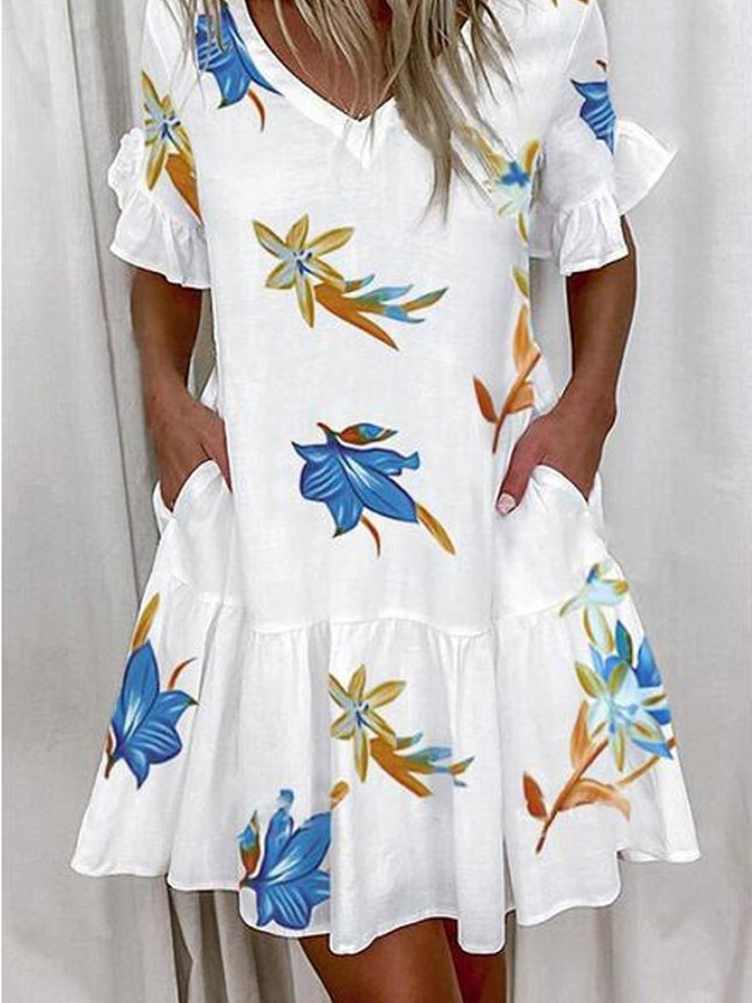 White Leaves V-Neck A-Line Floral Short Sleeves Above Knee Polyester Dress