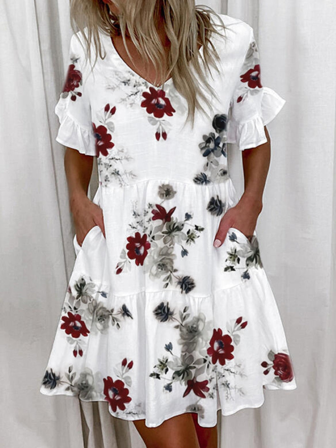 White Red V-Neck A-Line Floral Short Sleeves Above Knee Polyester Dress