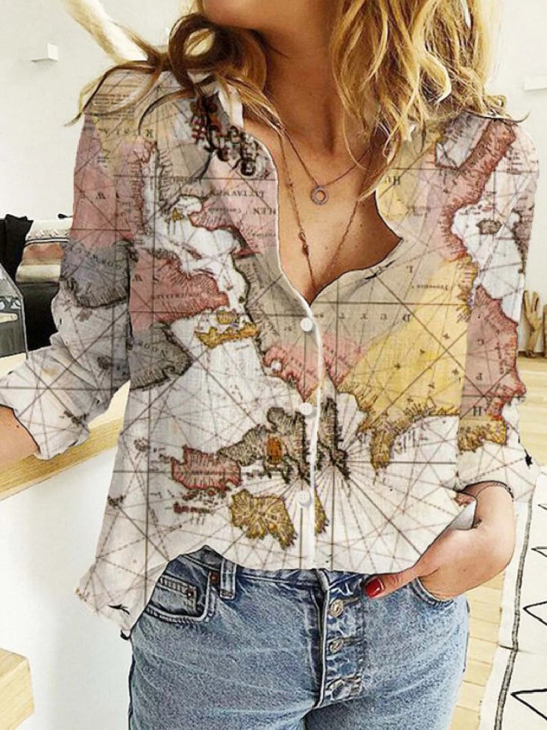 Cream Shirt Collar Long Sleeves Graphic Polyester Top