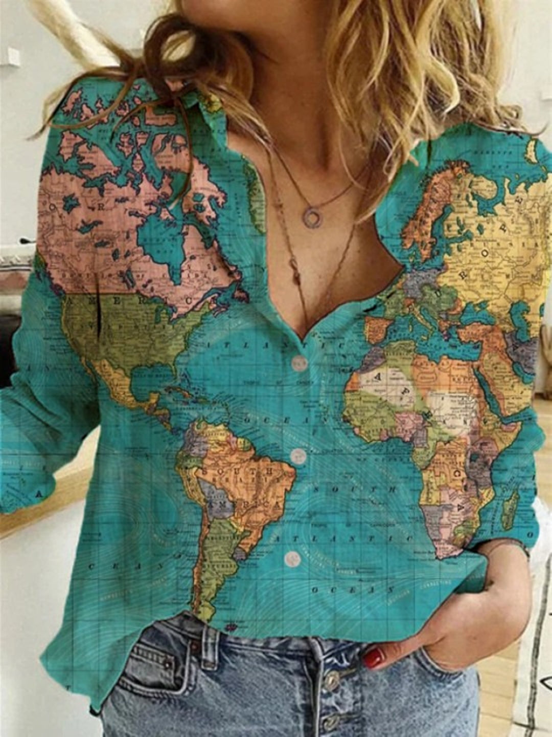 Dark Green Shirt Collar Long Sleeves Graphic Polyester Top