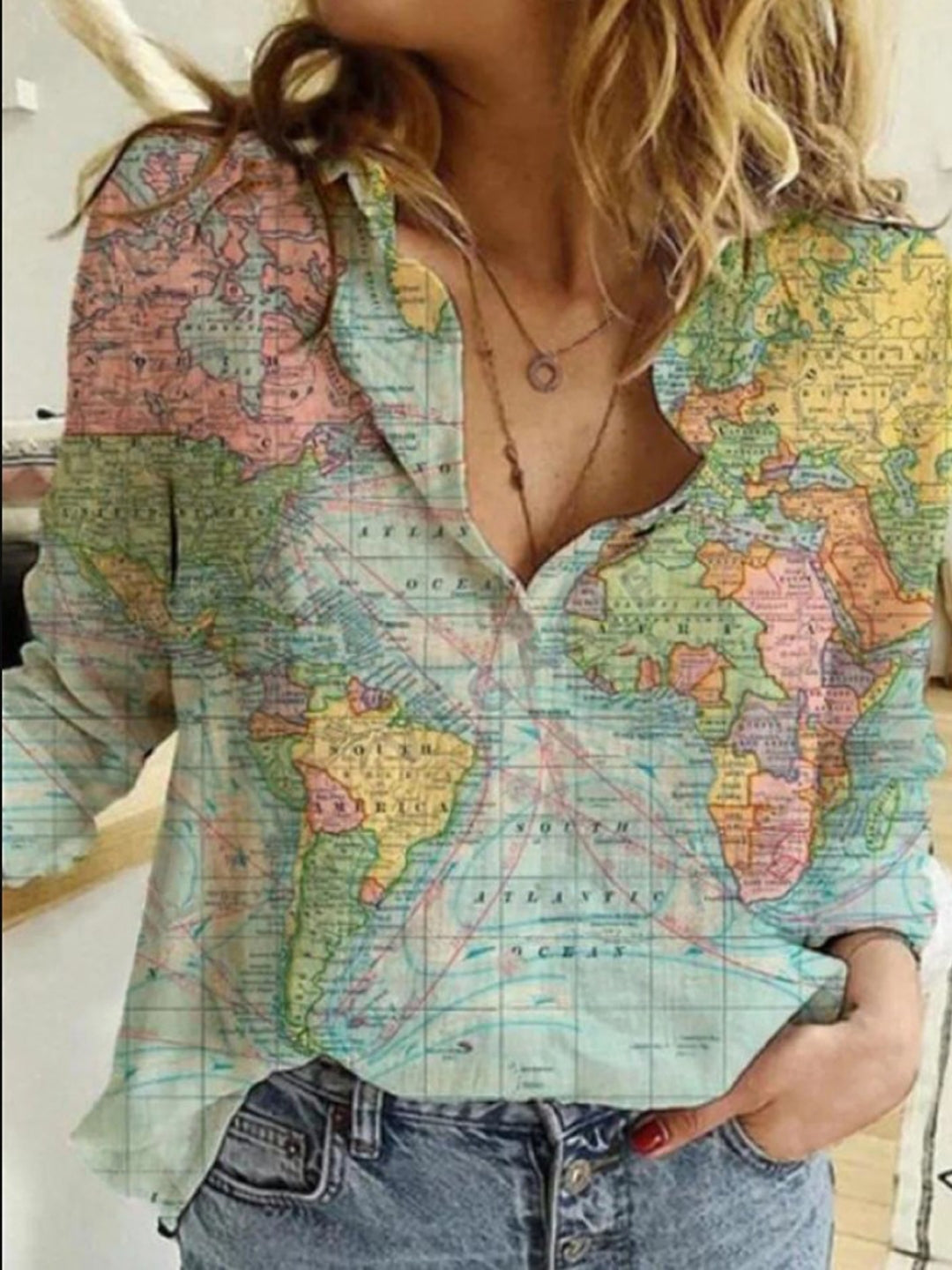 Green Shirt Collar Long Sleeves Graphic Polyester Top