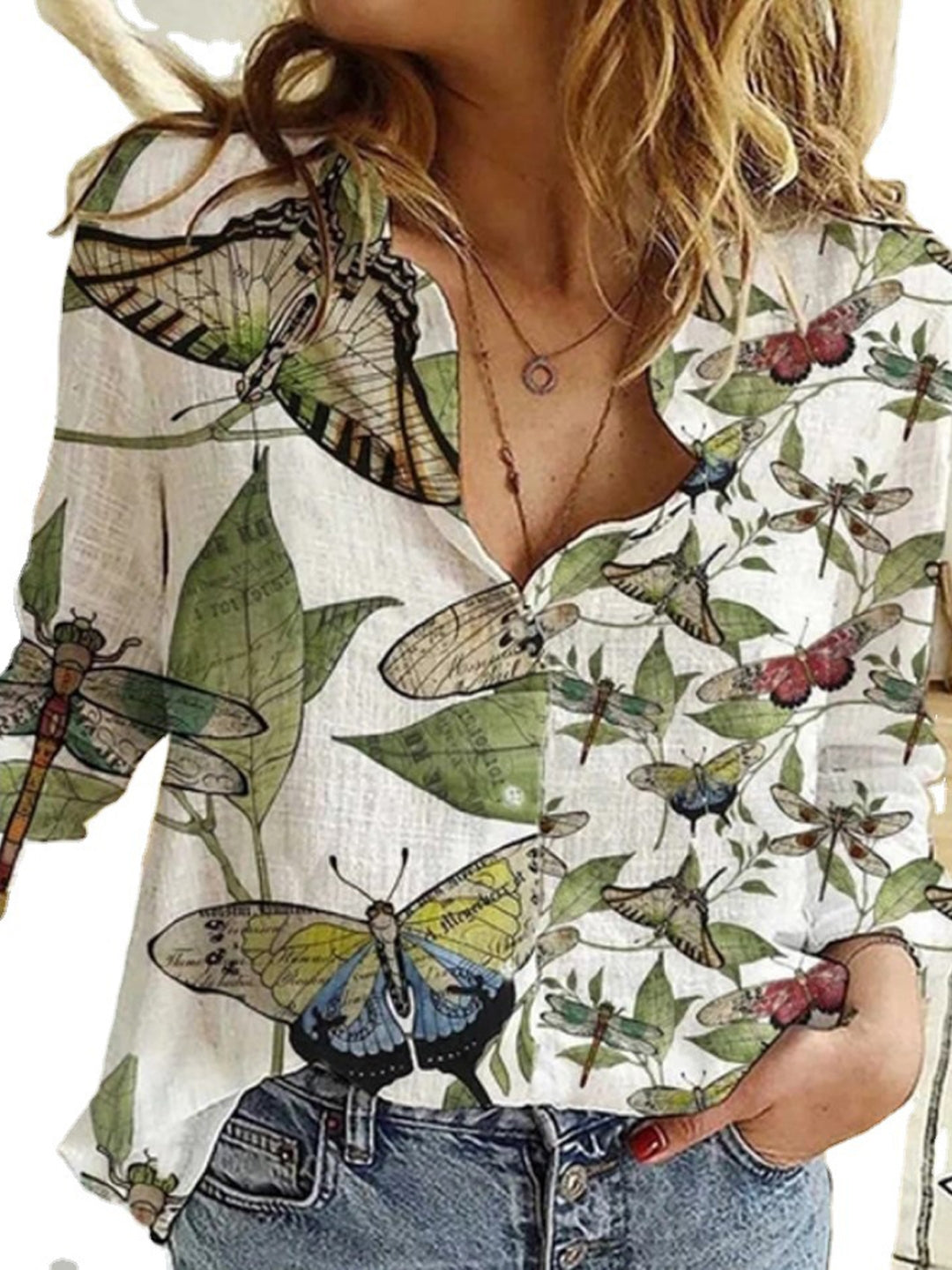 Green Red Shirt Collar Long Sleeves Graphic Polyester Top