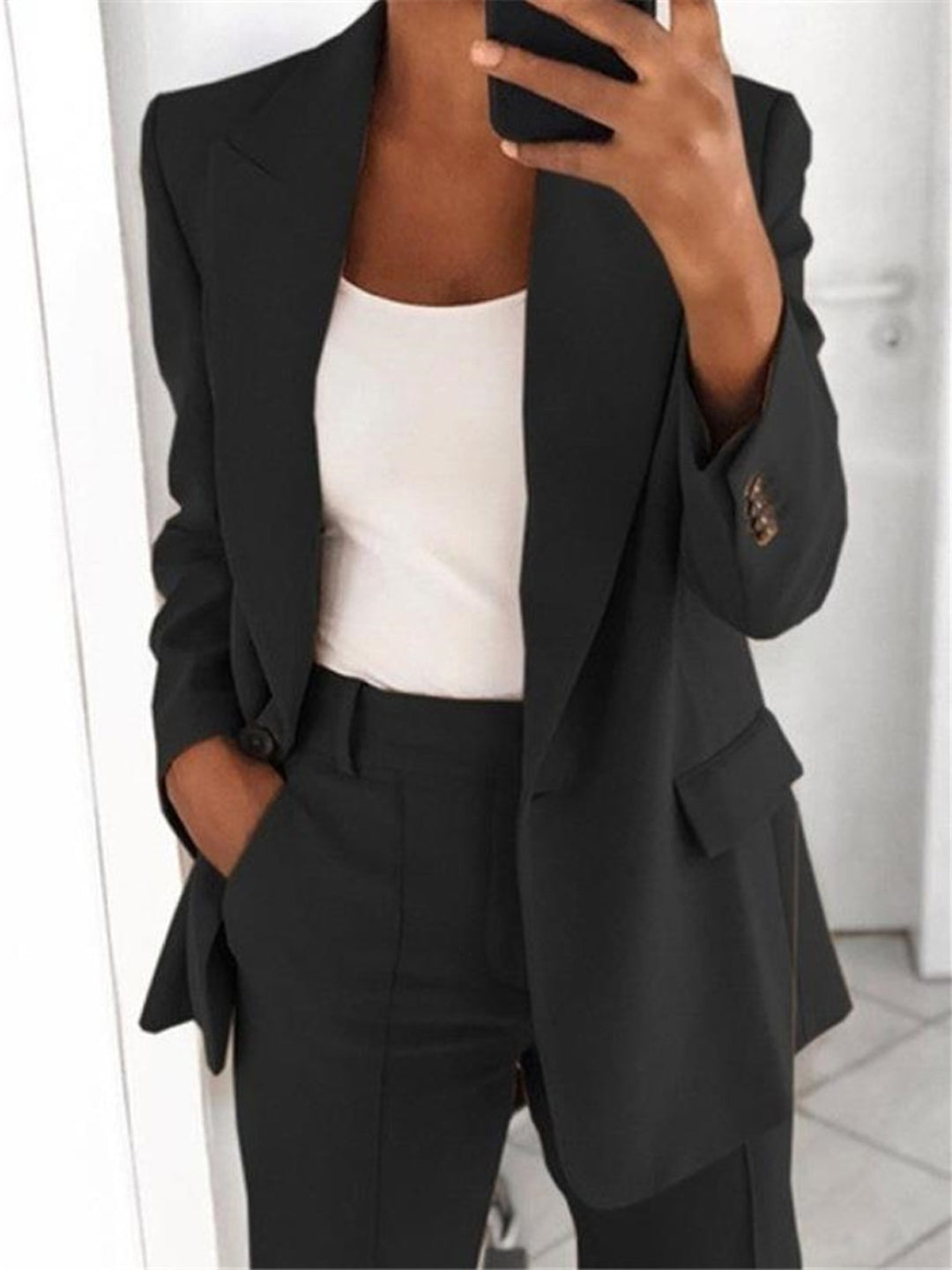 Black Halter Neck Polyester Long Sleeves Solid Coat & Trousers Set