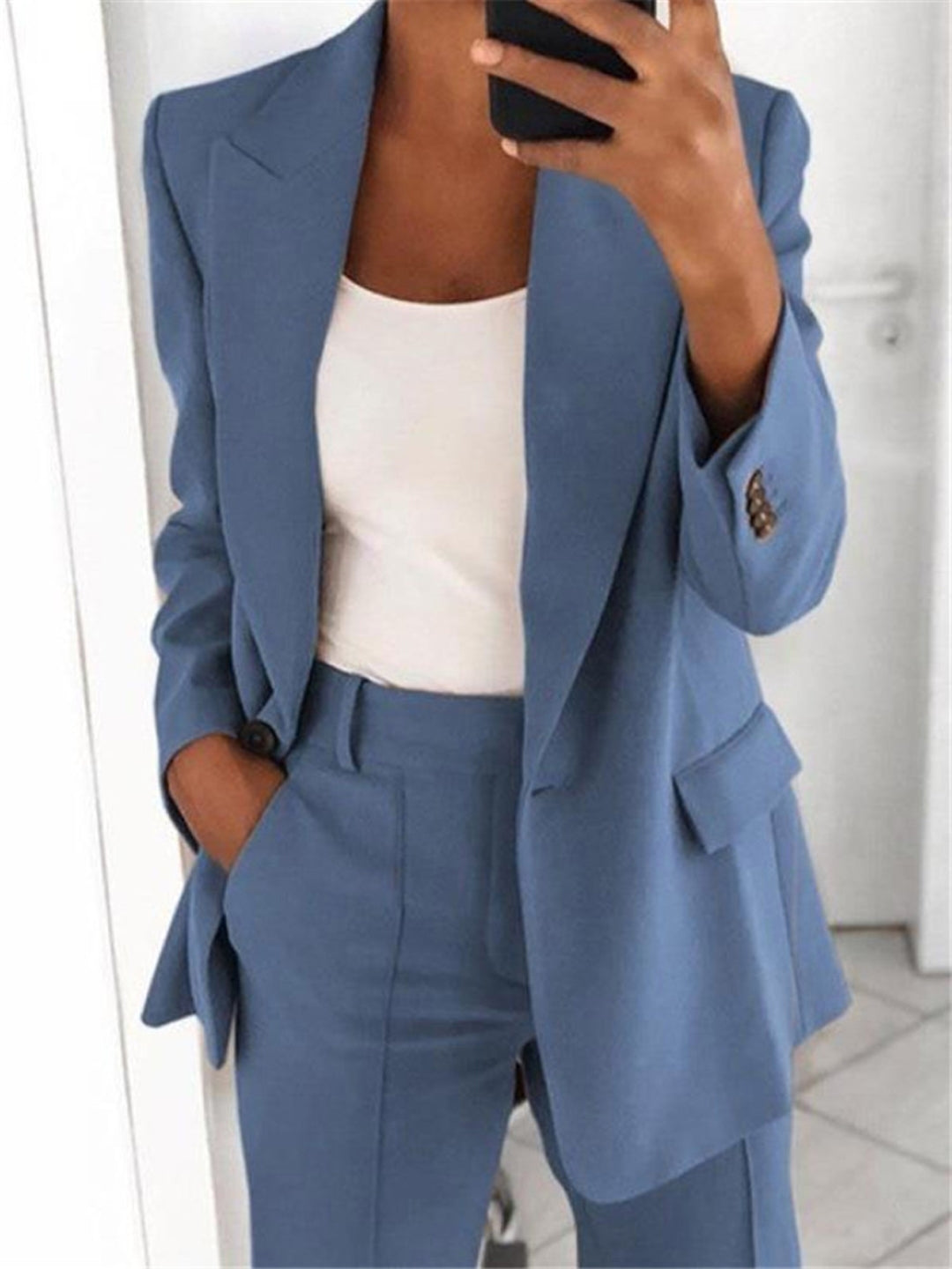 Blue Halter Neck Polyester Long Sleeves Solid Coat & Trousers Set