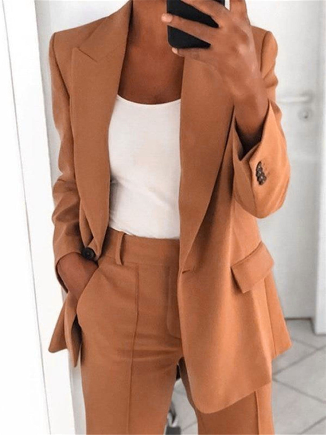 Brown Halter Neck Polyester Long Sleeves Solid Coat & Trousers Set