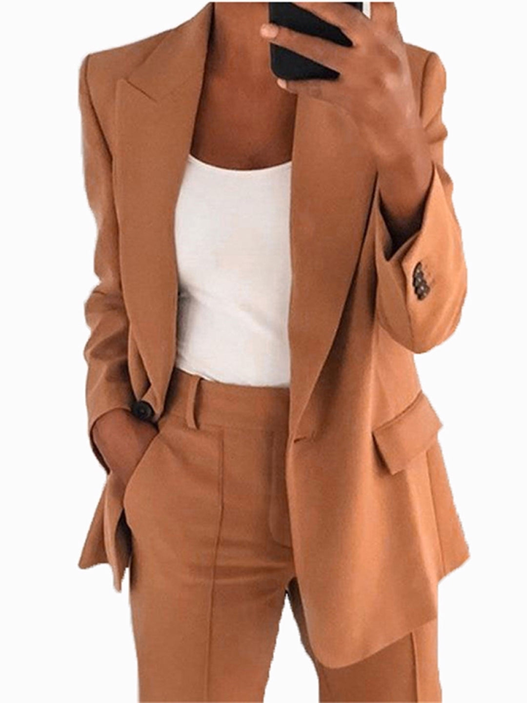 Brown Halter Neck Polyester Long Sleeves Solid Coat & Trousers Set