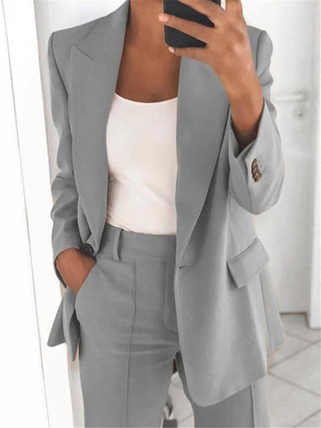 Grey Halter Neck Polyester Long Sleeves Solid Coat & Trousers Set