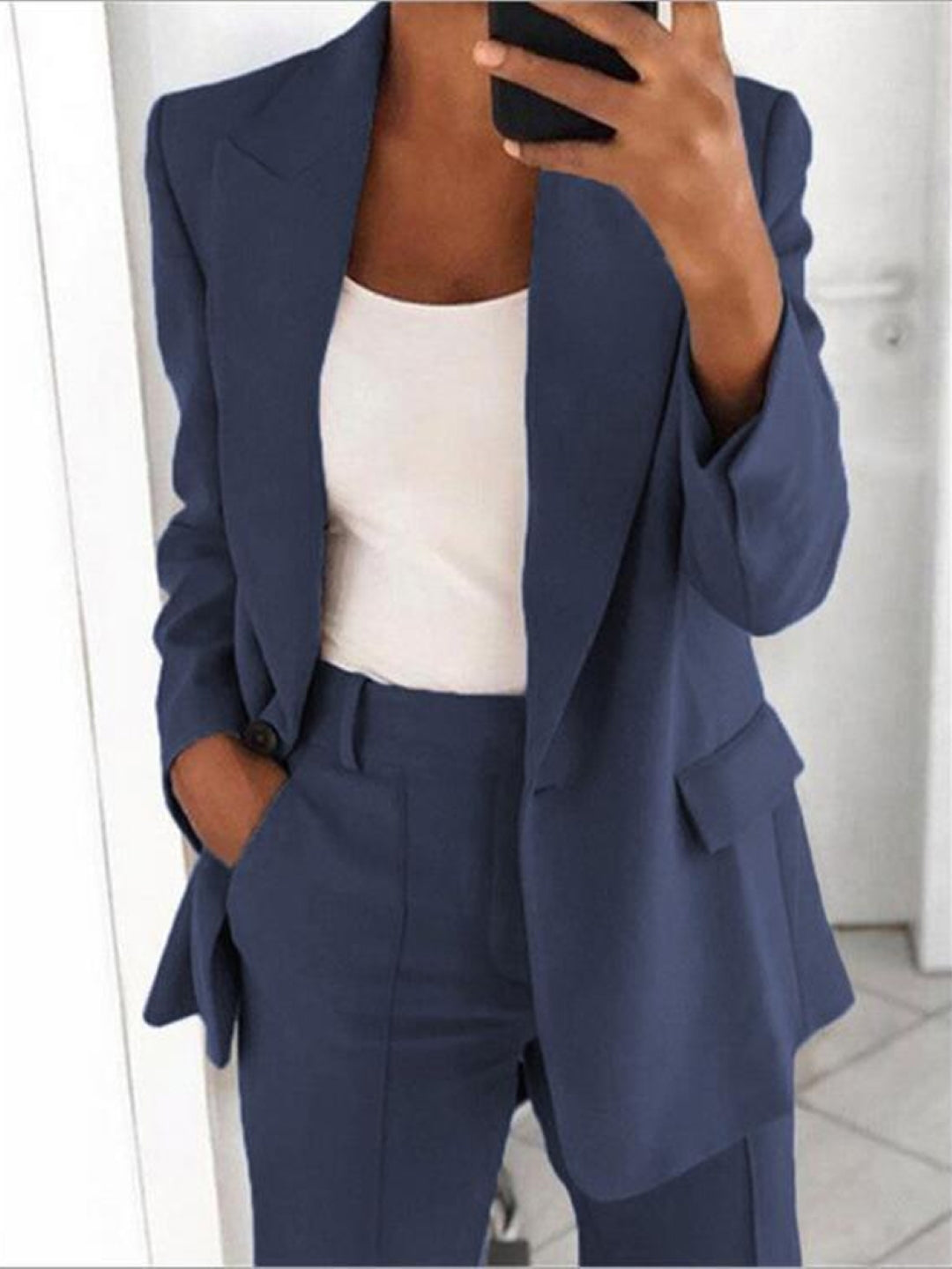 Navy Blue Halter Neck Polyester Long Sleeves Solid Coat & Trousers Set