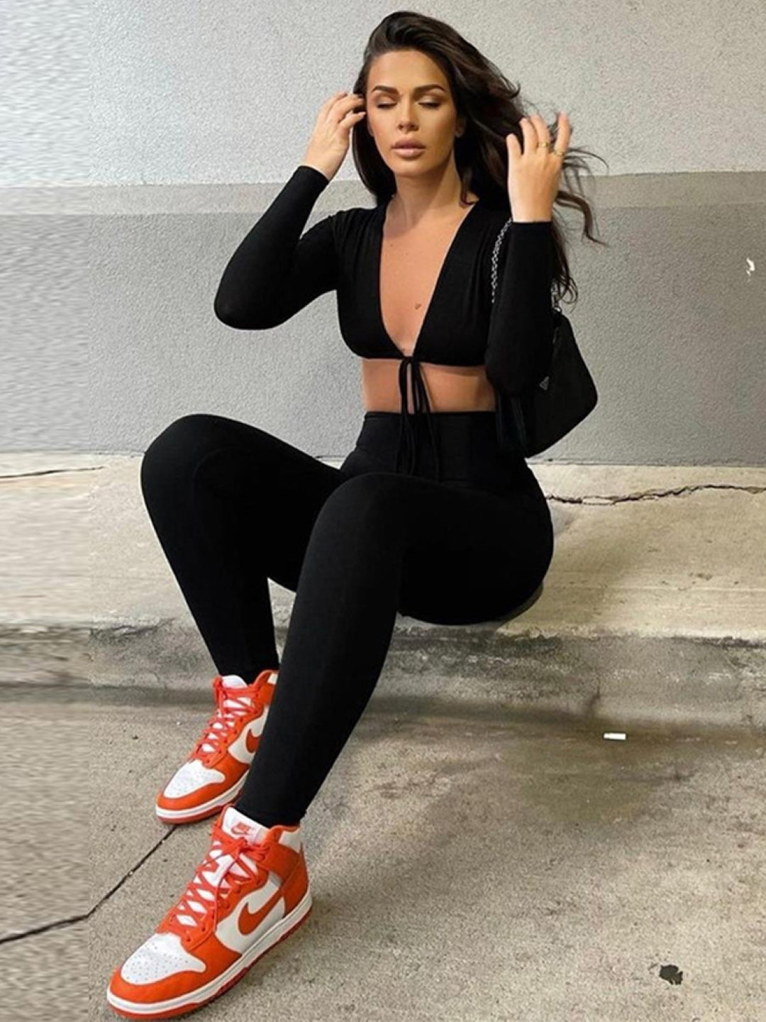 Black V-Neck Long Sleeves Solid Polyester Jumpsuit