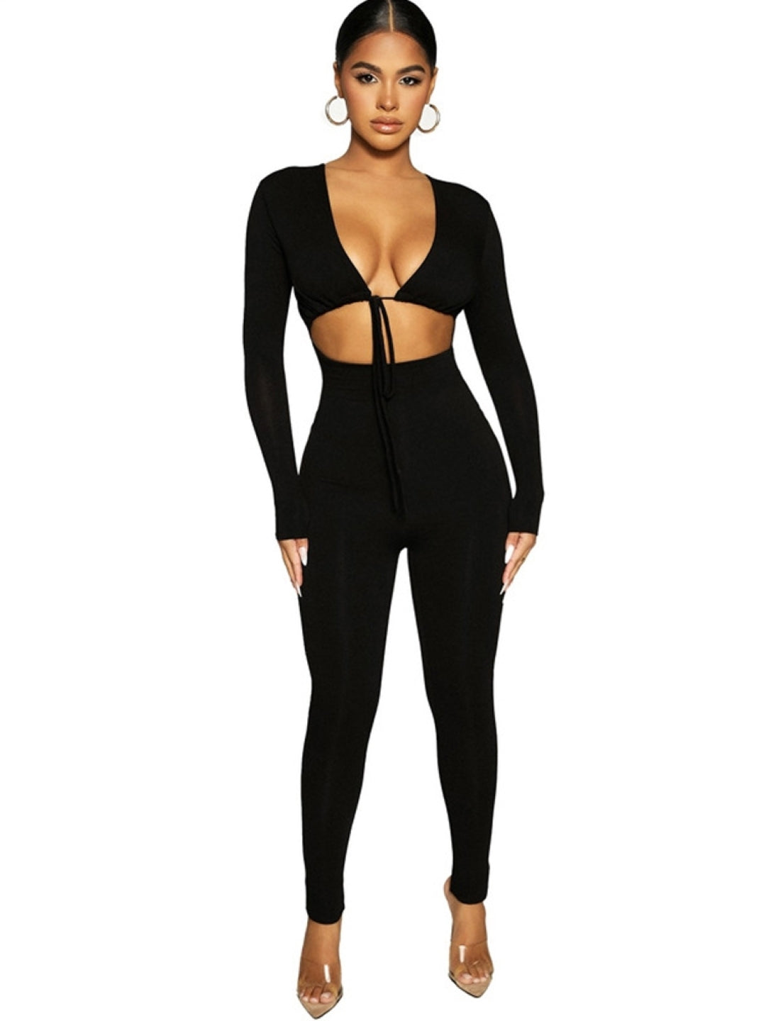 Black V-Neck Long Sleeves Solid Polyester Jumpsuit