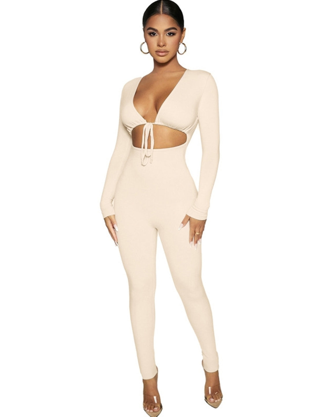 Cream V-Neck Long Sleeves Solid Polyester Jumpsuit