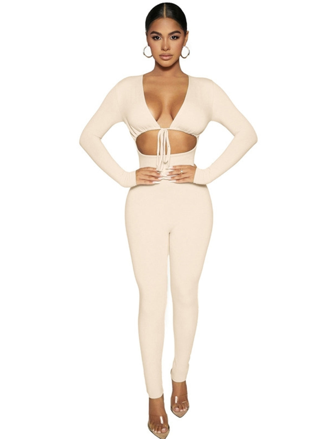 Cream V-Neck Long Sleeves Solid Polyester Jumpsuit