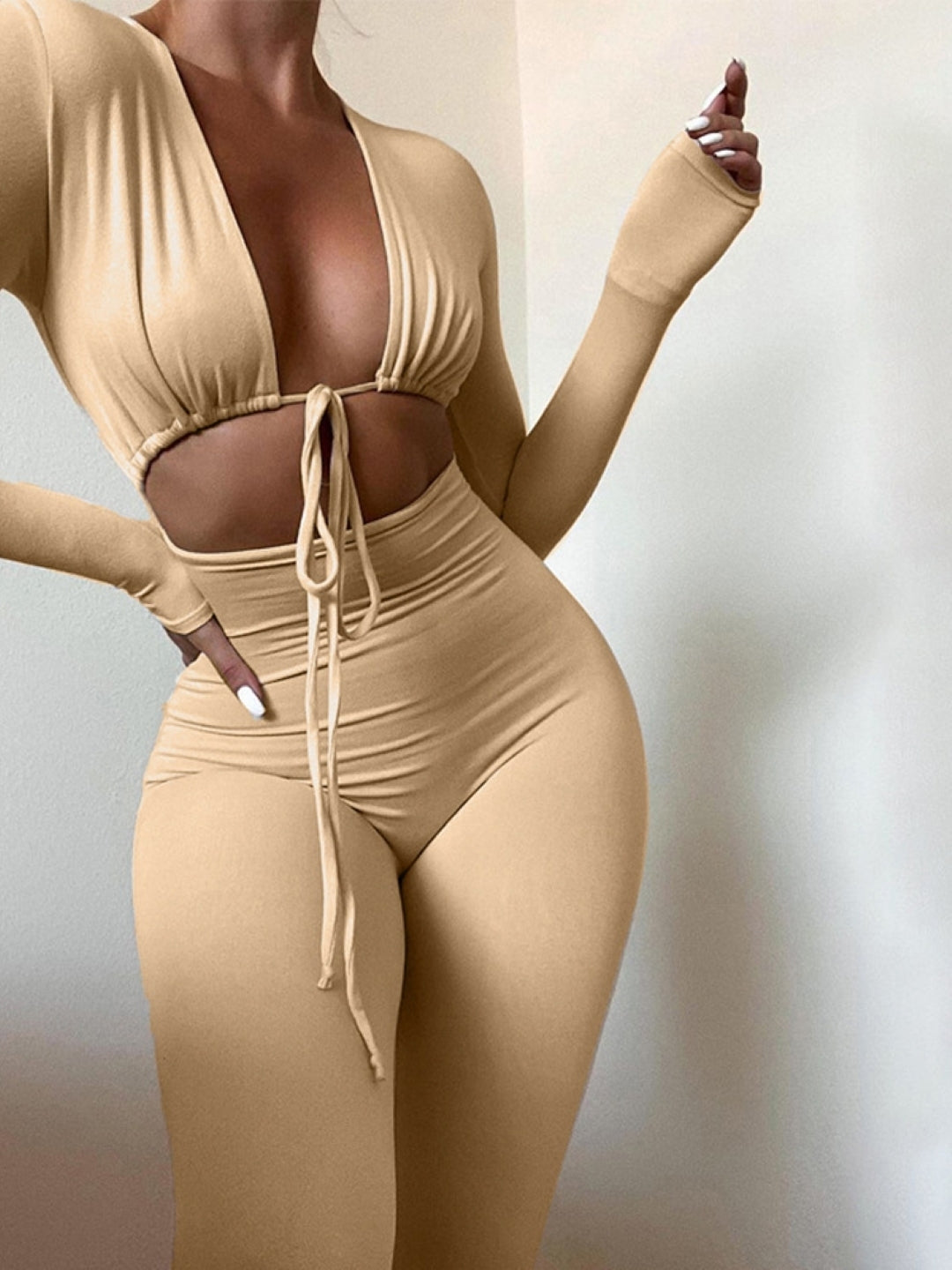 Khaki V-Neck Long Sleeves Solid Polyester Jumpsuit