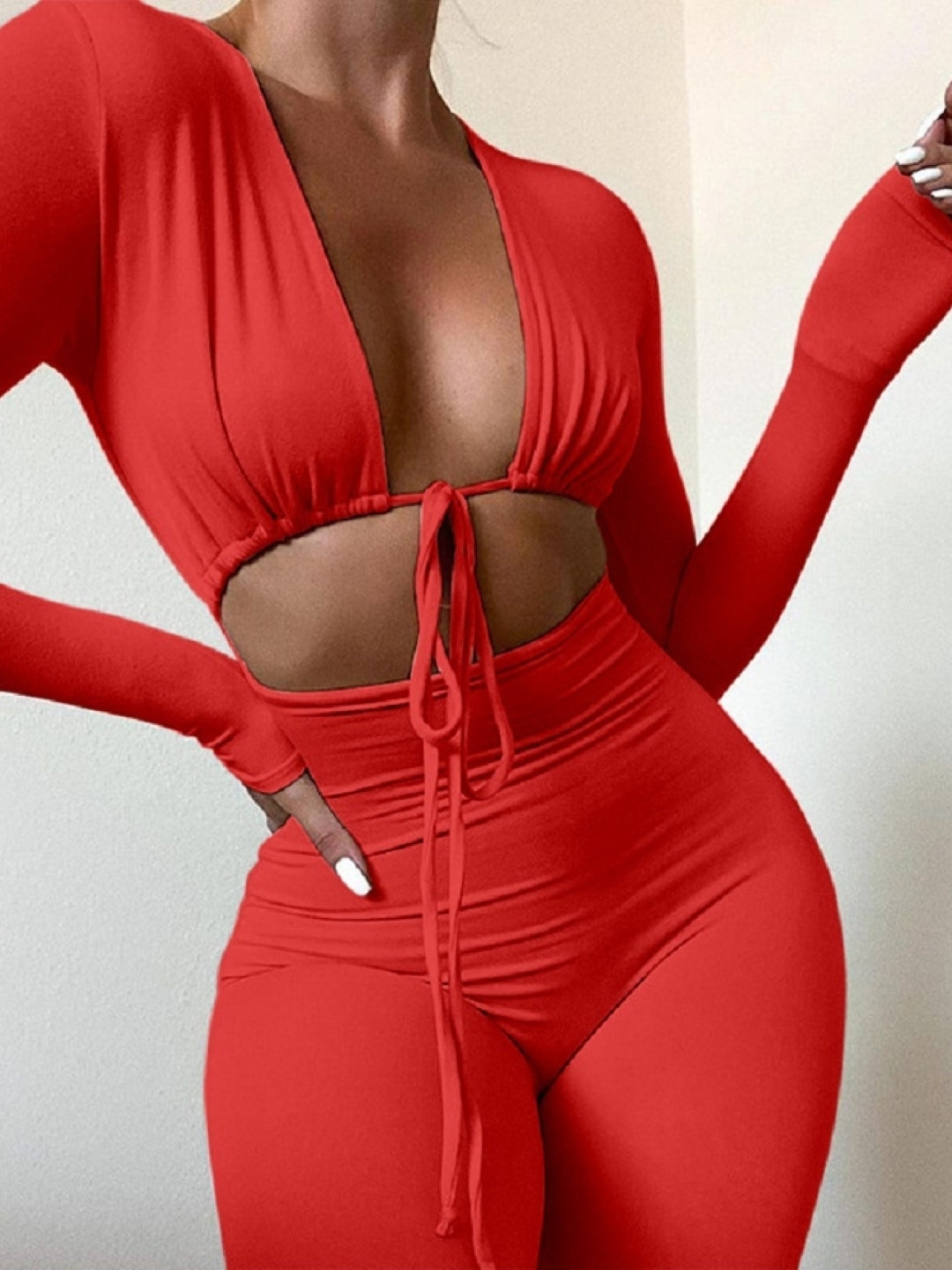 Red V-Neck Long Sleeves Solid Polyester Jumpsuit