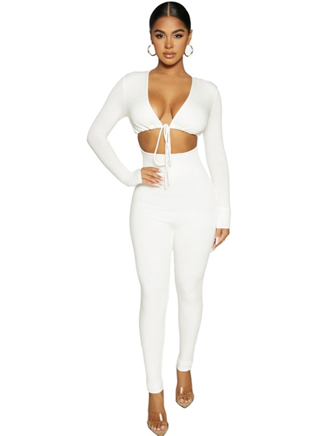 White V-Neck Long Sleeves Solid Polyester Jumpsuit