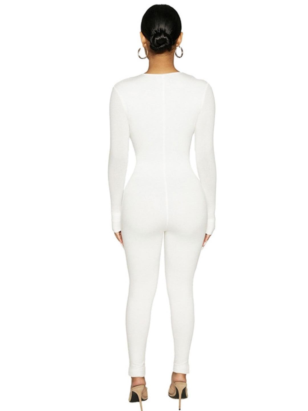 White V-Neck Long Sleeves Solid Polyester Jumpsuit