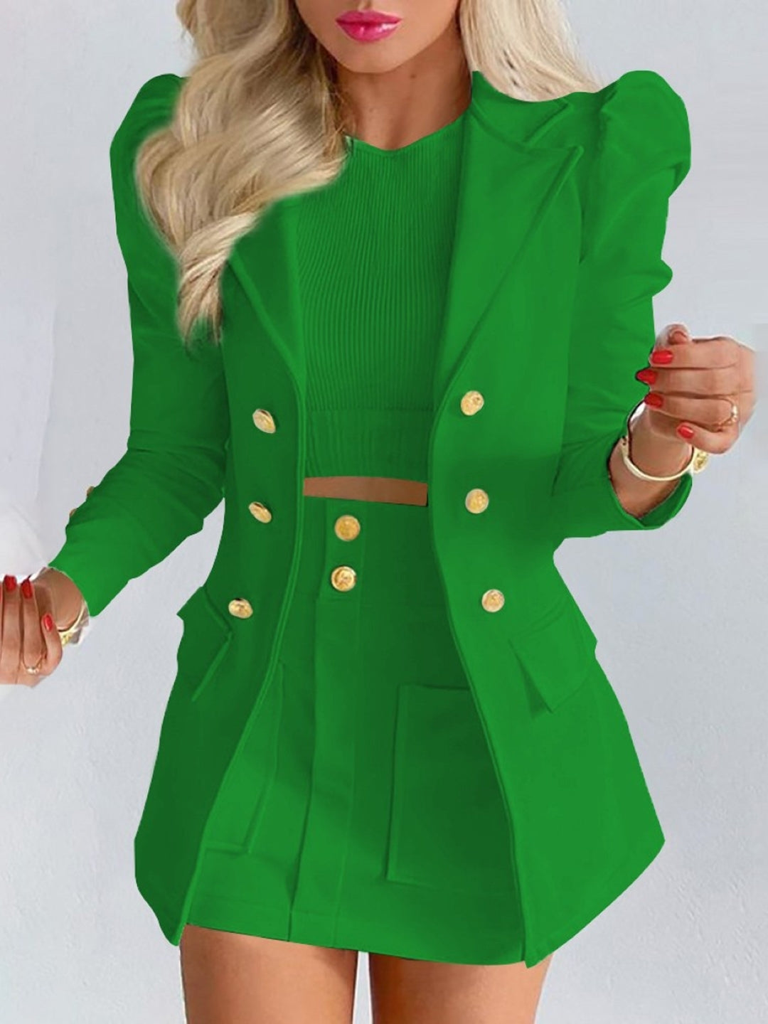 Dark Green Halter Neck Polyester Long Sleeves Solid Coat & Shorts Set