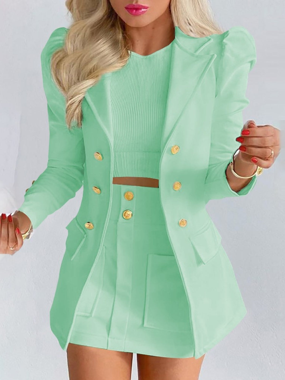 Green Halter Neck Polyester Long Sleeves Solid Coat & Shorts Set