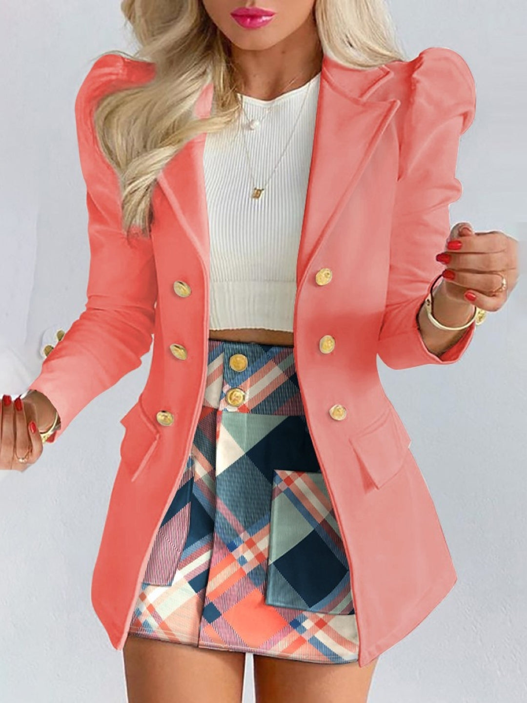 Pink Halter Neck Polyester Long Sleeves Solid Coat & Shorts Set