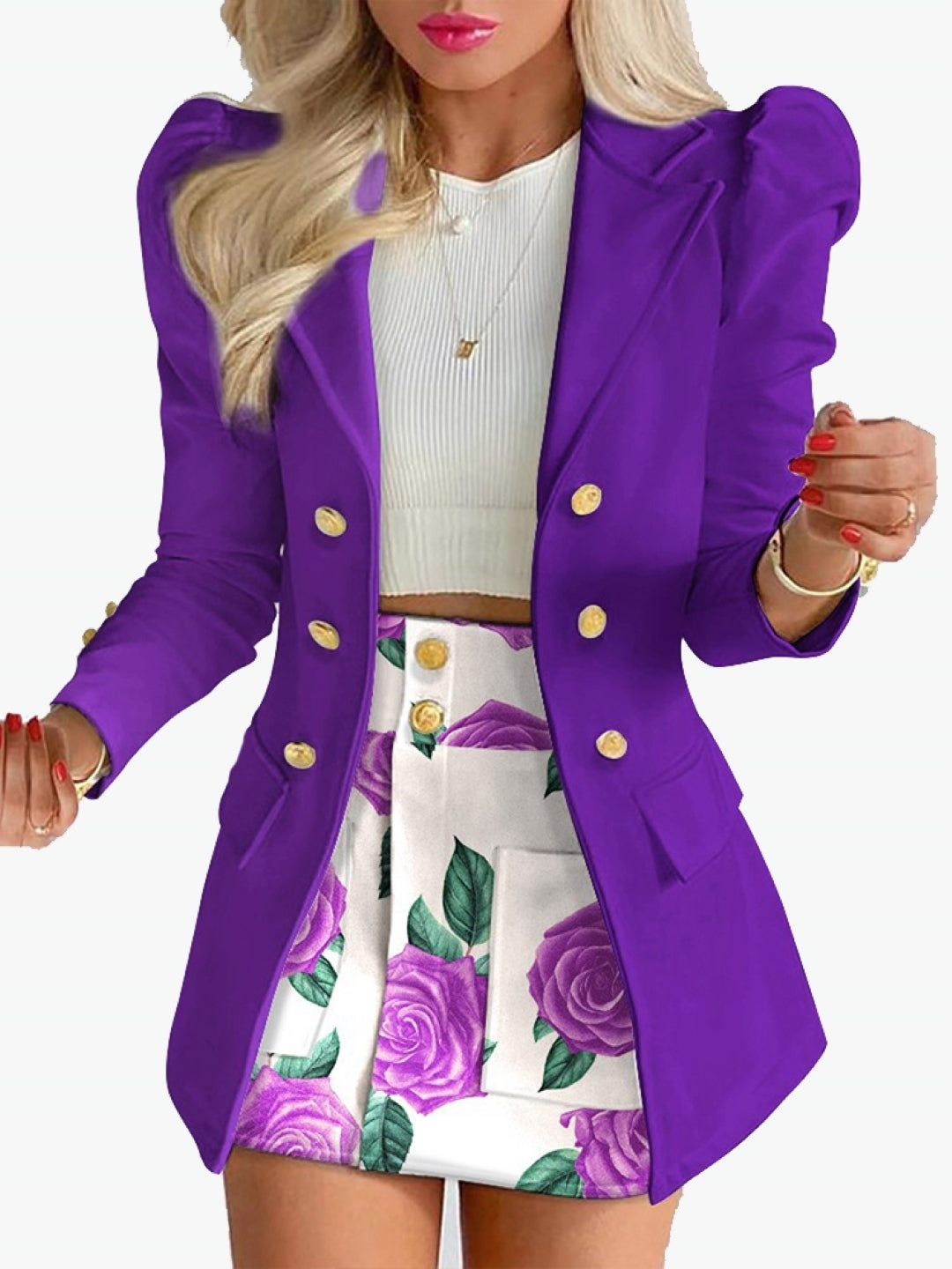 Purple Halter Neck Polyester Long Sleeves Solid Coat & Shorts Set