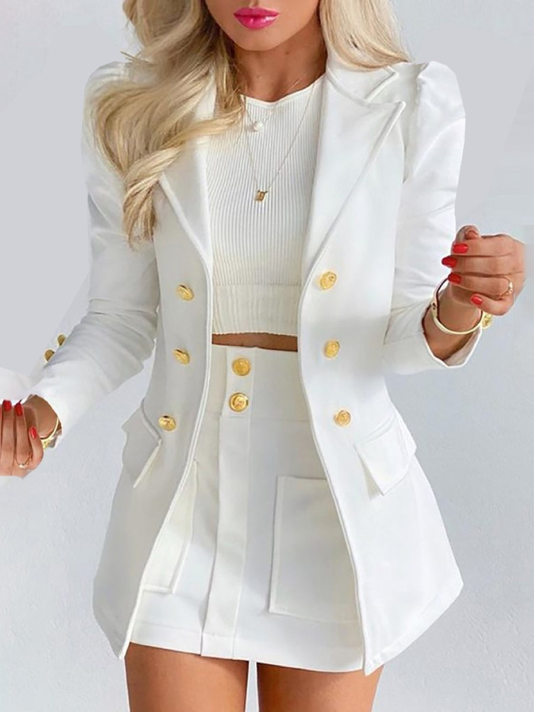 White Halter Neck Polyester Long Sleeves Solid Coat & Shorts Set