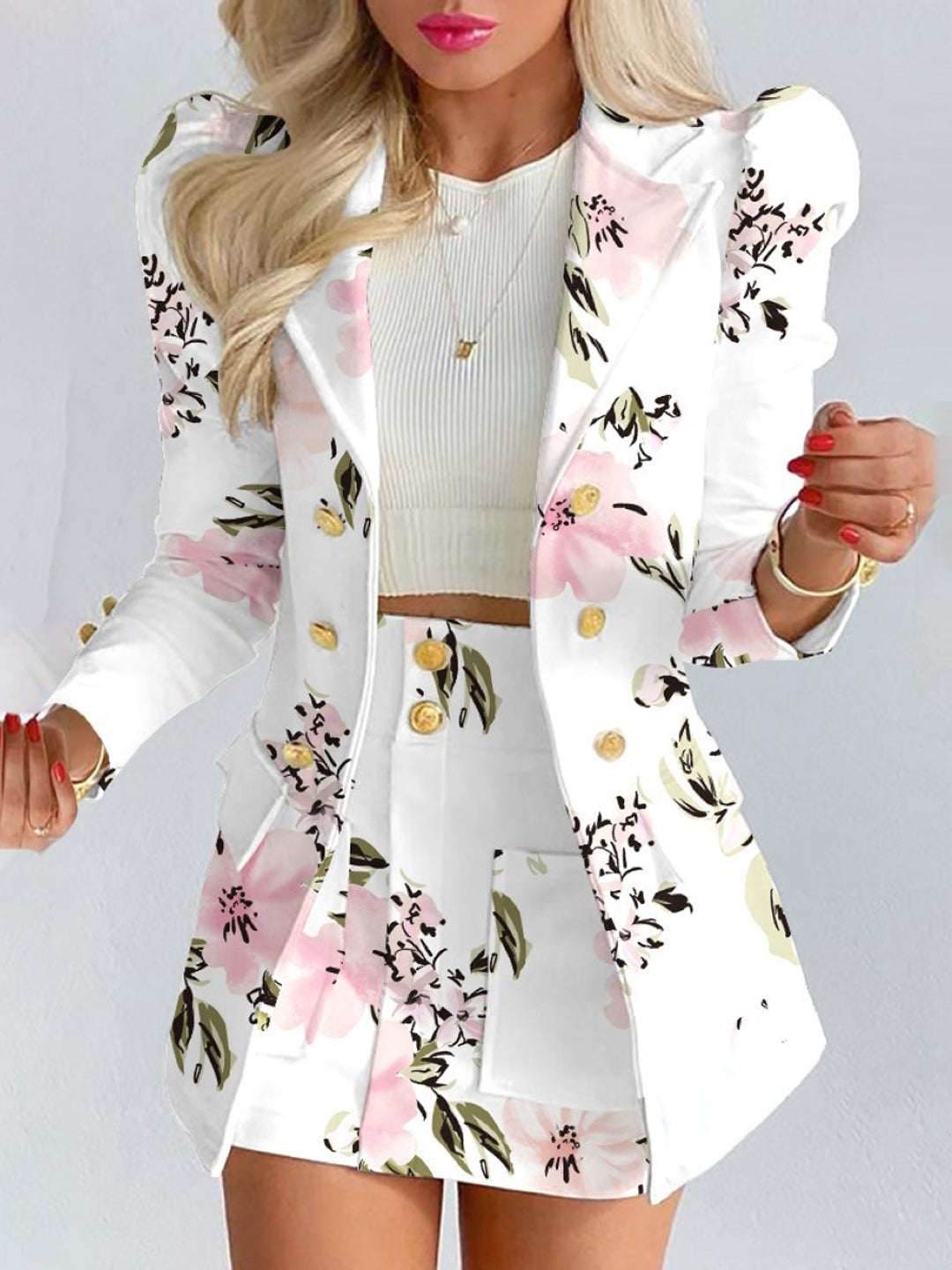 White Floral Halter Neck Polyester Long Sleeves Solid Coat & Shorts Set