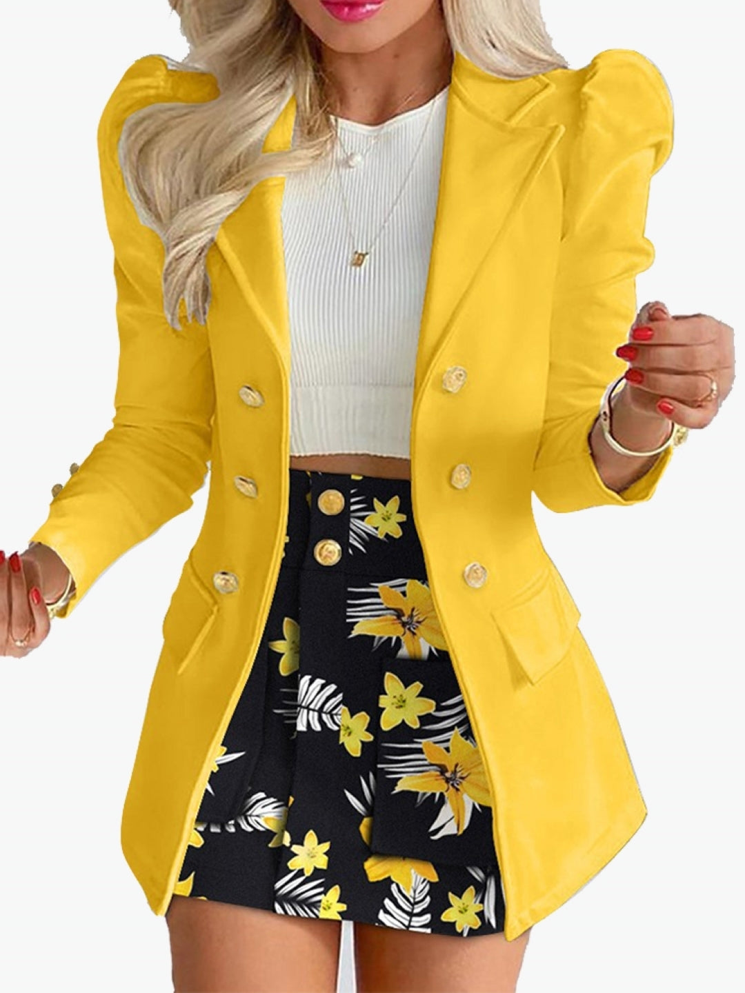 Yellow Halter Neck Polyester Long Sleeves Solid Coat & Shorts Set