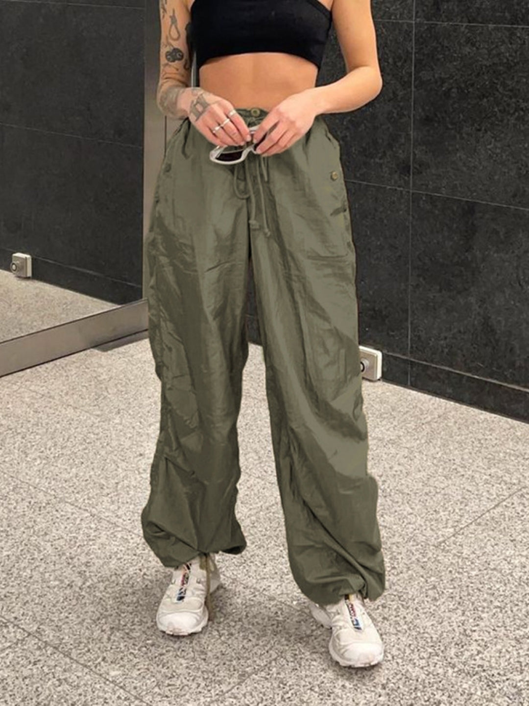 Dark Green Solid Polyester Trouser