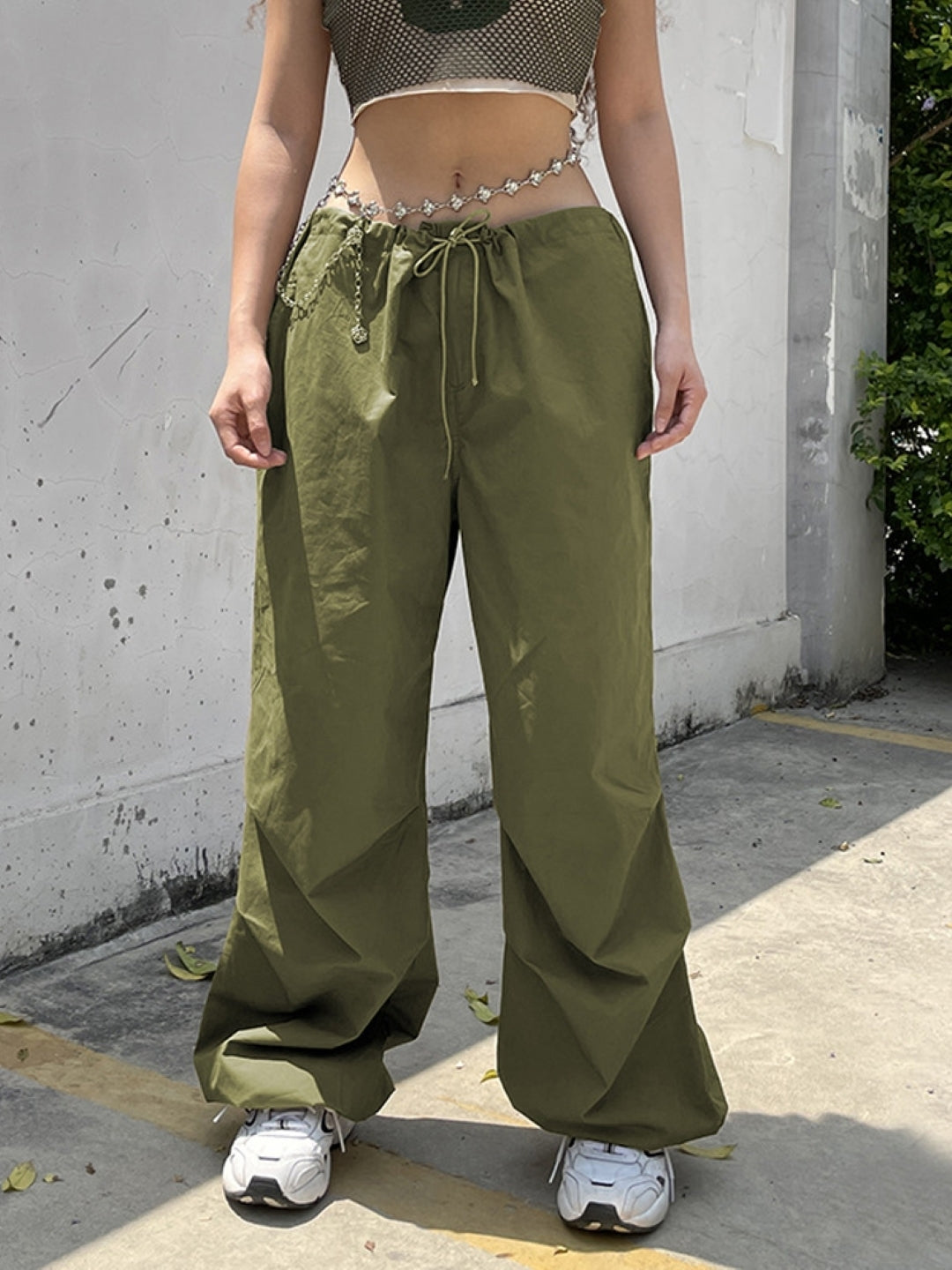 Green Solid Polyester Trouser