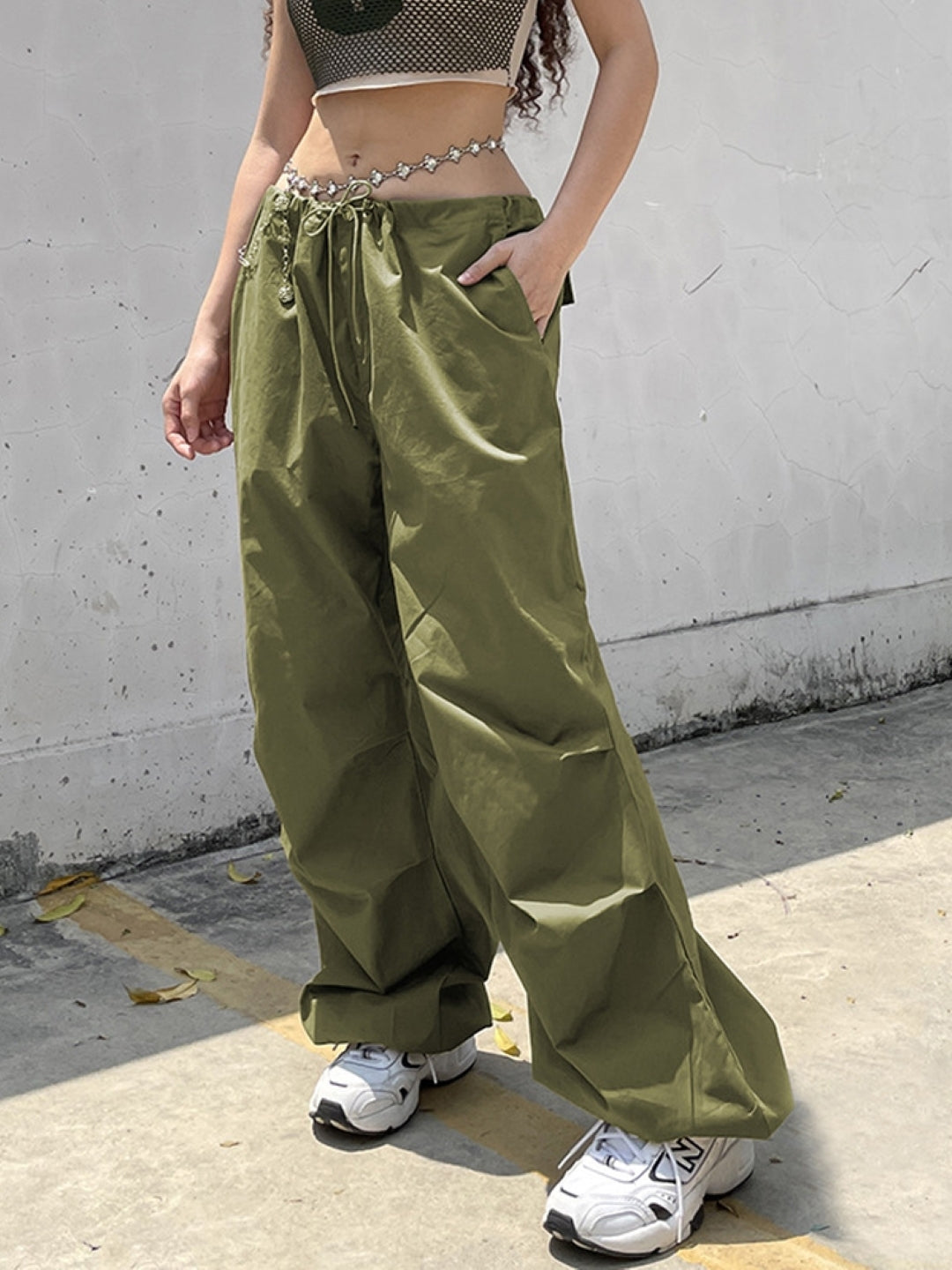 Green Solid Polyester Trouser