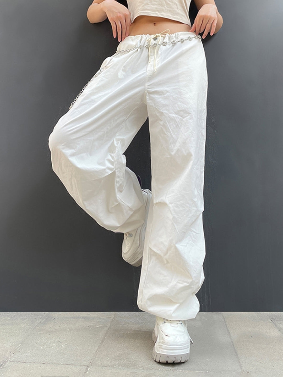 White Solid Polyester Trouser